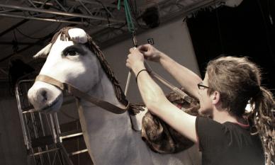 Lorenz Ebersbach bei der Installation eines fliegenden Pferdes im Aufnahmestudio